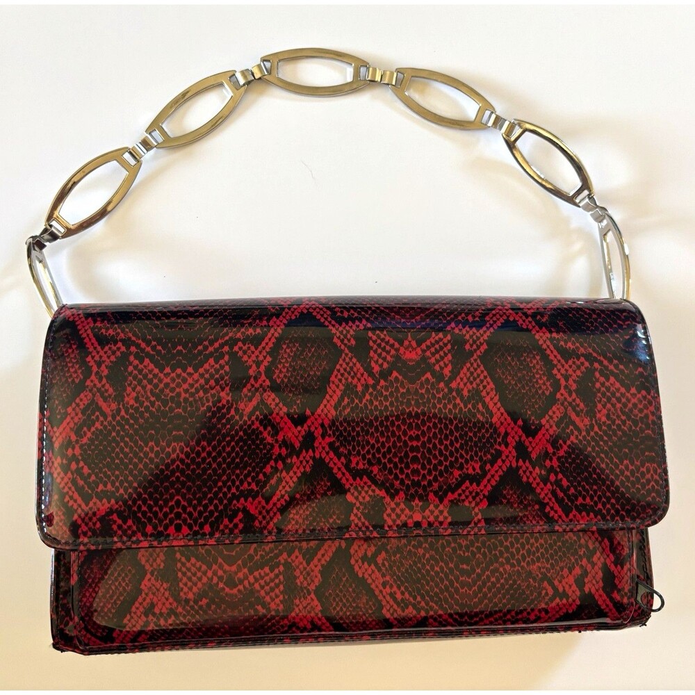 Red/Black Snake Animal Print Shoulder Bag Chain Strap Lined Inner Pockets